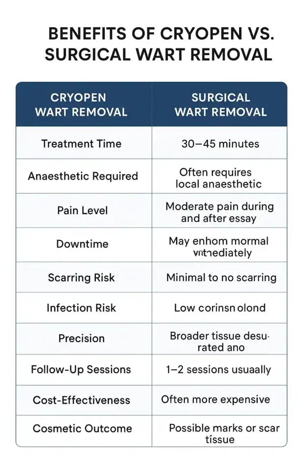 Table showing the benefits of cryopen to remove warts Newark-on-Trent compared to surgical treatment